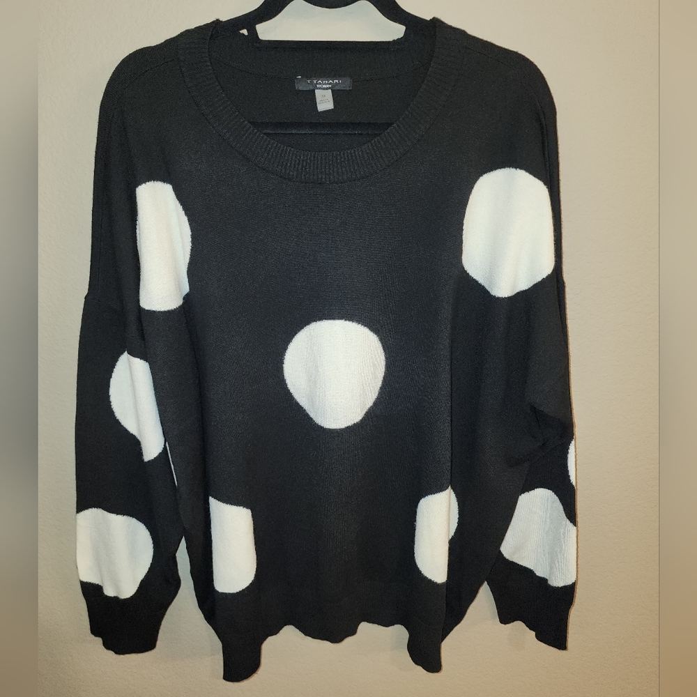 T. Tahari Women's Black Crew Neck Sweater w White Polka Dots - Size 3X - Picture 1 of 6